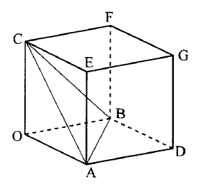 立方体の図で、下の面はO・A・D・B、上の面はC・E・G・Fと並び、それぞれOとC、AとE、DとG、BとFを結ぶ辺がある。奥の頂点Bにつながる辺OB・DB・FBは破線で、ほかの辺は実線で描かれている。さらにA・B・Cを結ぶ三角形の3辺が実線で引かれている。